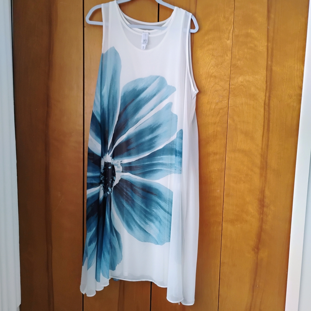 Wynne Layer Size XL Floral Midi Dress in Blue and White 2 Pieces Sheer Overlay